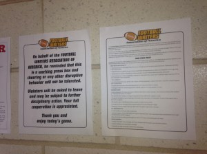 The FWAA Press Box Statement and Code of Ethics were posted on the wall of the press box at Yankee Stadium during the New Era Pinstripe Bowl on Dec. 28. Photo courtesy of  Phil Marwill of the National Football Foundation.