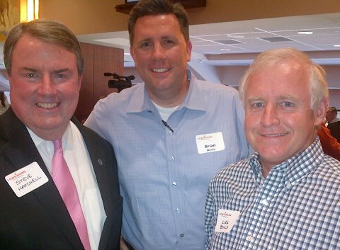 Steve Hatchell, NFF President and CEO (left); Brian Davis, UT football beat writer for the Austin American-Statesman (center); and Kirk Bohls, Austin American-Statesman columnist and 2014 FWAA President (right), share a moment during the reception.